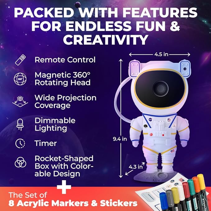Color My Astronaut Galaxy Projector - DIY Spaceman Night Light with Acrylic Markers Kit & Space Stickers - Paint Your Own Lamp - Arts and Craft for Kids Ages 4-8 - Unique Gift for 5-10 Year Old Boys