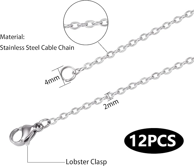 Wholesale 12 PCS Genuine Stainless Steel Fine Cable Chain Necklace Chains Bulk for Jewelry Making 18-30 Inches (30 Inch(2MM))