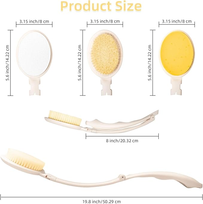 LFJ 19" Long Handle Shower Sponge Brush Set, 3 in 1 Body Brush, Bath Sponge and Lotion Applicator Improved Skin Health, Suitable for Men and Women (White Brush-1P)