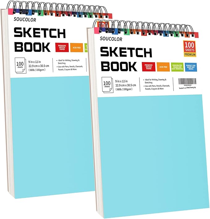 Drawing Set Sketching Kit, Pro Art Supplies, Soucolor 9" x 12" Sketch Book, 1-Pack 100 Sheets Spiral Bound Art Sketchbook for Colored Pencils, Graphite, Charcoal, Metallic Pencils, Sketching Pencils