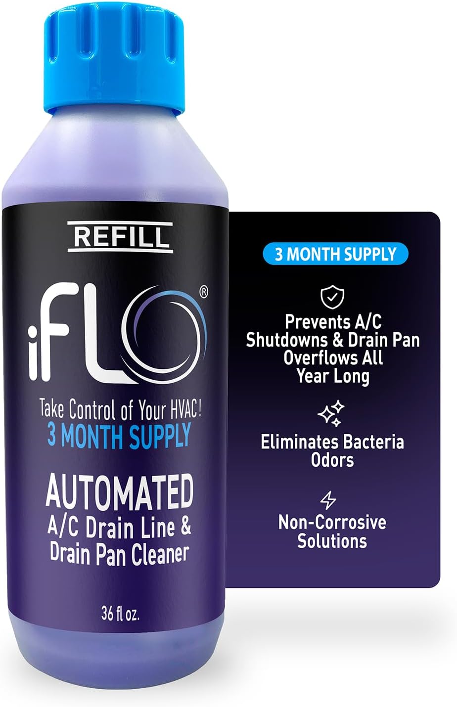 iFLO® Smart A/C Drain Line Cleaner and Drain Pan Cleaner Cartridge, Fast-Acting, Long-Lasting HVAC System Solution for Tough Clogs & Buildup, 3-Month Supply per Bottle, 1 Pack of 36oz
