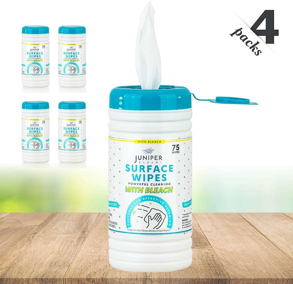 4 Pack Surface Cleaning Wipes with Bleach, All-Purpose Cleaner for Bathroom, Kitchen, Office, 300 Count Canister, 7.5" x 7" Sheet, Fresh Scent, Lint Free & Durable