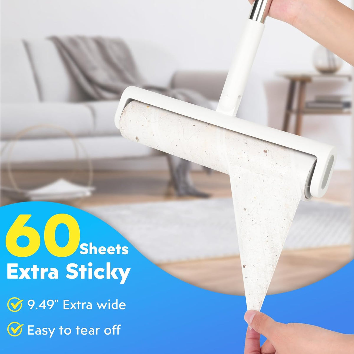9.49'' Large Lint Rollers for Carpet and Floor, Extra Sticky Giant Rollers with 50'' Long Handle for Carpets, Couch, Floor, Clothing, and Pet Hair Cleaning(1 Pack Floor Roller)