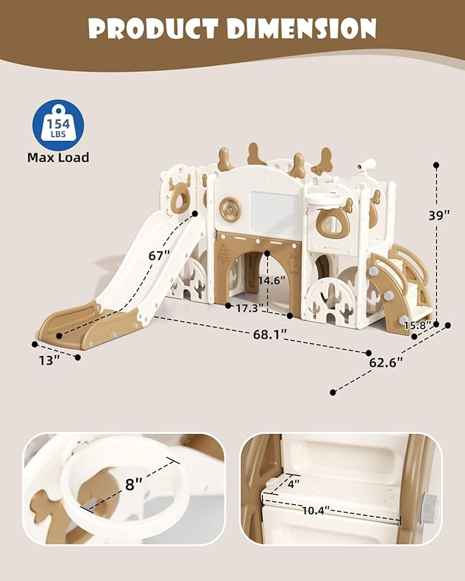 XJD 13 in 1 Toddler Slide Set, Kids Slide for Toddlers Age 1+, New Upgrade with Golf Set, Basketball Hoop, Drawing Board for Indoor Outdoor Playset,Toddler Playground (Brown)
