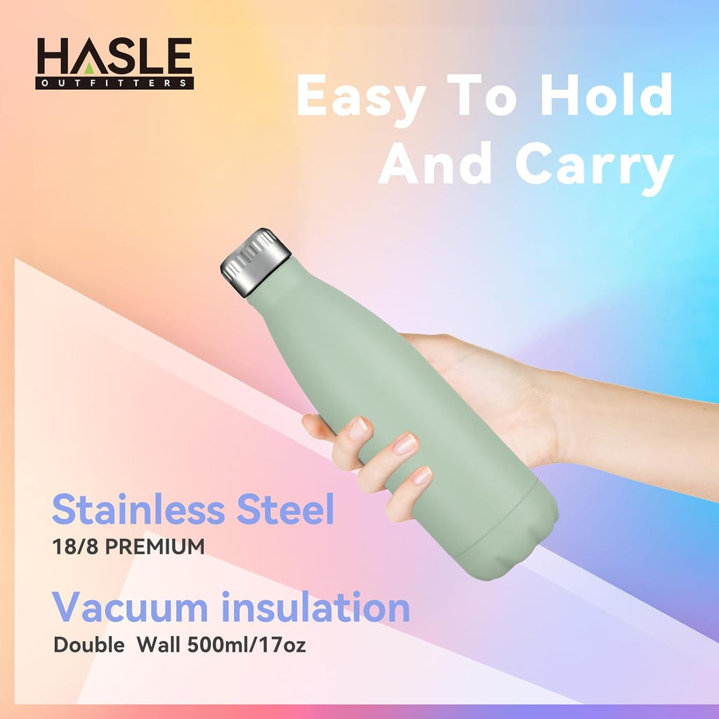 HASLE OUTFITTERS 17oz Stainless Steel Water Bottles Bulk, Vacuum Insulated Water Bottles Double Walled Powder Coated Reusable Metal Sports Water Bottles Keep Drinks Hot and Cold, Light Green, 4Packs