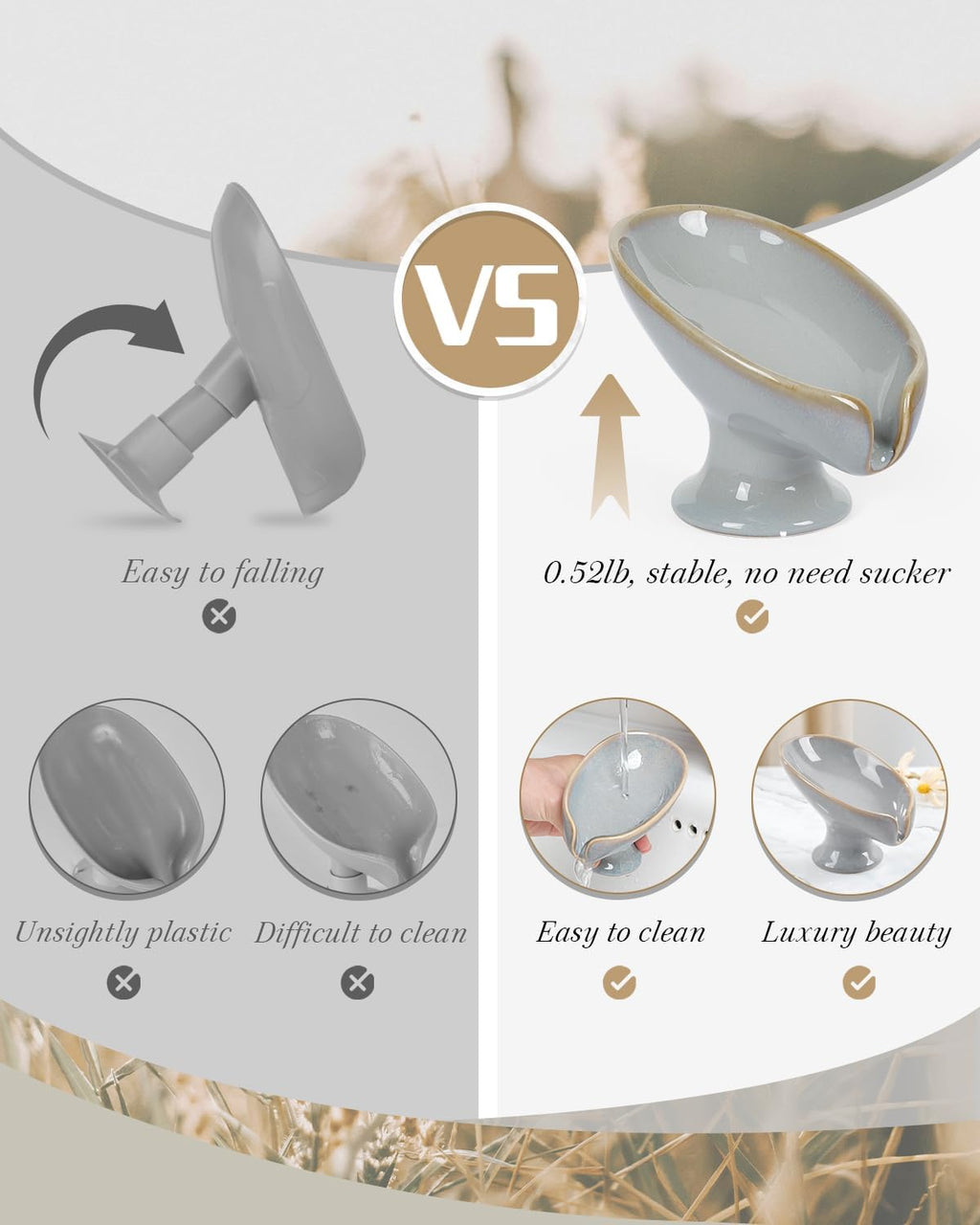 Soap Dish, Self Draining Bar Soap Holder for Bathroom Sink, Leaf Shaped Drainage Ceramic Porcelain Decorative Soap Dish, No Suction Cup, Kiln Stone Gray, ANTIS'S HOME