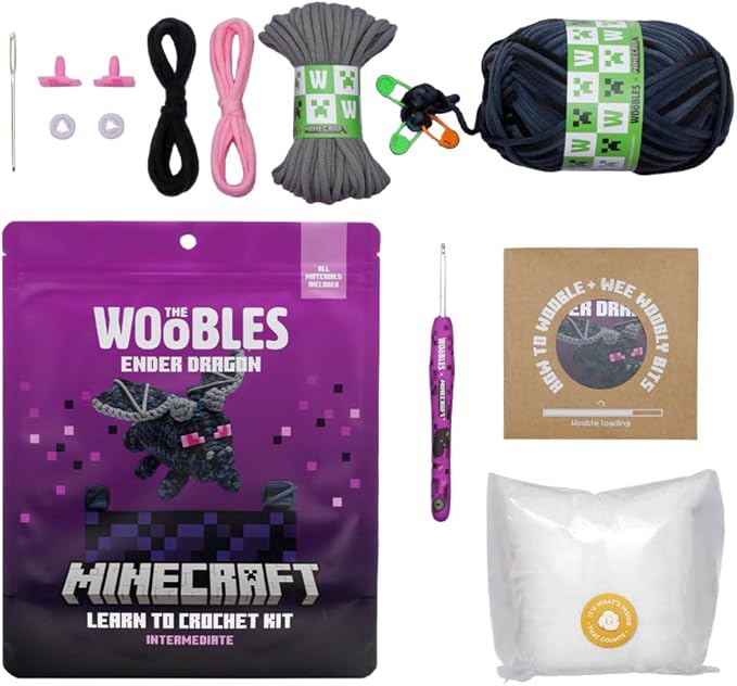 The Woobles Minecraft Crochet Kit – Beginner Crochet Kit for Adults & Kids, Easy Knitting Kit with Woobles Yarn, DIY Crafts, Crochet Animals, Minecraft Toys, Gift for Gamers & Crafters (Ender Dragon)