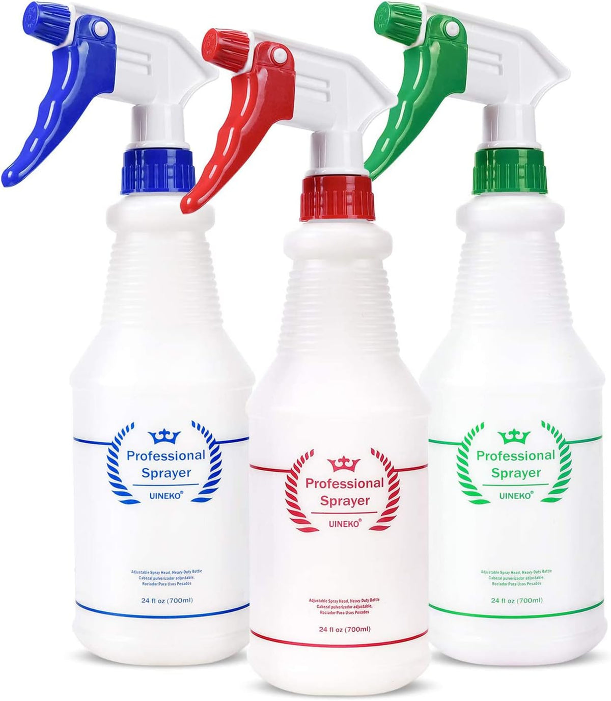 Plastic Spray Bottle (3 Pack, 24 Oz, 3 Colors) Heavy Duty All-Purpose Empty Spraying Leak Proof Mist Water Bottles for Cleaning Solutions Plants Essential Oils Hair Pet with Adjustable Nozzle