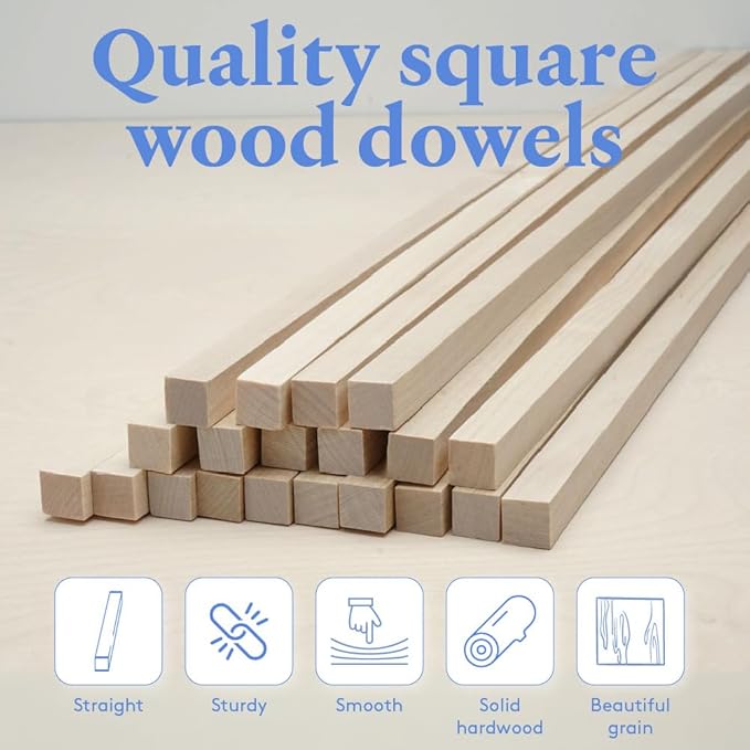 Wood Square Dowel Rods, 3/8-inch x 18-inch, Pack of 10 Wooden Craft Sticks for Crafts and Woodworking, by Woodpeckers