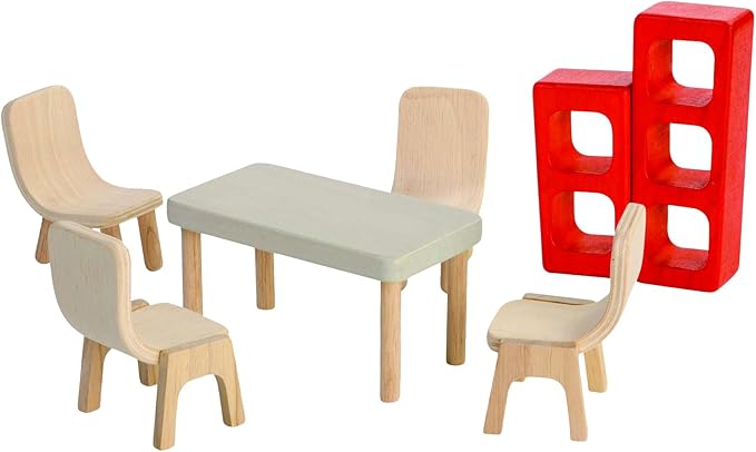 PlanToys Wooden Dollhouse Furniture Set - Dining Room (7348)| Sustainably Made from Rubberwood and Non-Toxic Paints and Dyes