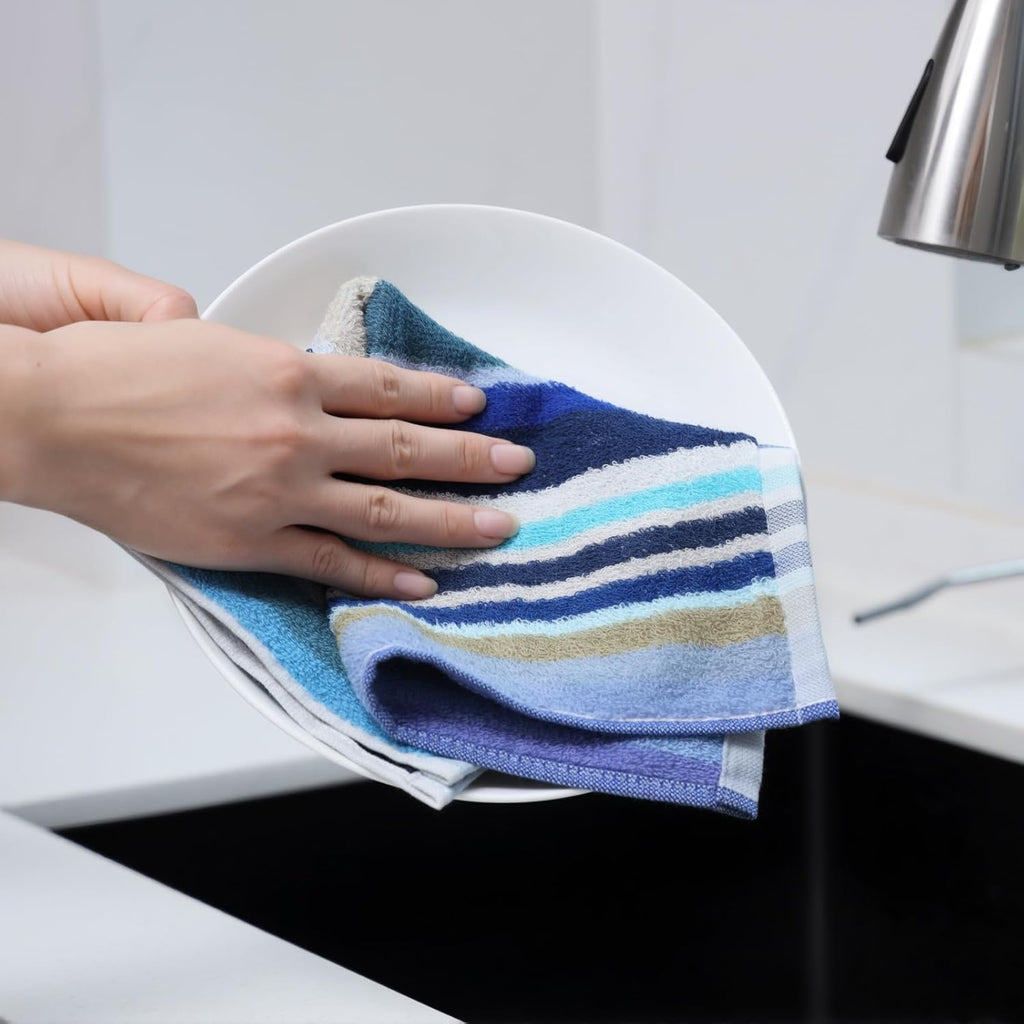 Oeleky Kitchen Dishcloths for Washing Dishes, Ultra Absorbent Dish Rags, Cotton Cleaning Cloths Pack of 8, 12x12 Inches (Wide Stirpe, 12x12 inch)