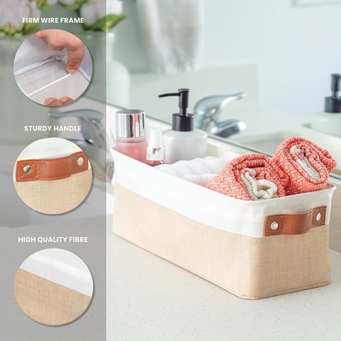 OrganiHaus Narrow Storage Bins 15x06in, Small Closet Bins for Shelves, Bathroom Storage Baskets for Shelves, Narrow Baskets, Fabric Organizer with Handles, Toilet Paper Organizer - 2 Pack, Beige