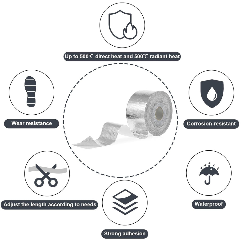 Zonon 2 Rolls Aluminum Foil Tape Heat Shield Tape Barrier Adhesive Reflective Fiberglass Thermal Insulation Reflective Material High Temp Protection(Silver,2 Inch X 100 ft)