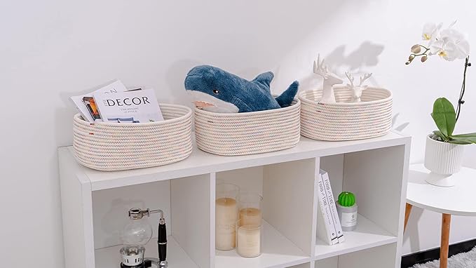 Baskets&Bins for Shelf Storage &Organizing/Cute Basket to Store and Organize Daily Items/Woven Rope Basket for Living Room, Bedroom,Playroom/Small Oval-13x8.66x5.11’’,3 Packs Rainbow