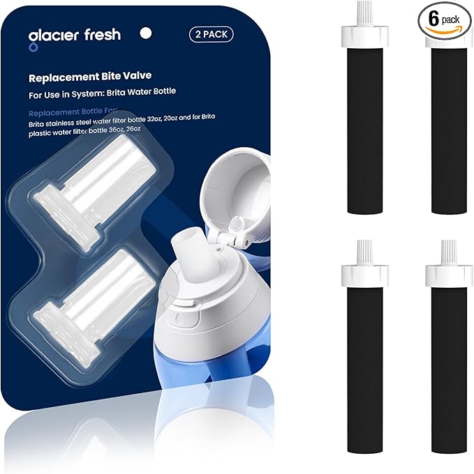 GLACIER FRESH Bite Valve and Bottle Filter Replacement for Brita Water Bottle, 4 Pack Bottle Filter and 2 Pack Silicone Water Bottle Mouthpiece for Brita Stainless Steel and Brita Plastic Water Bottle
