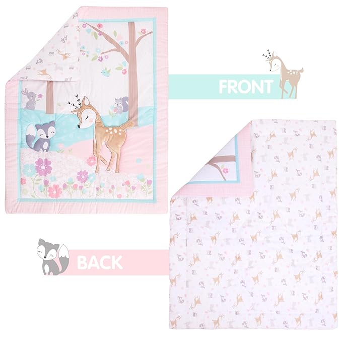 UOMNY Crib Bedding Set for Girls 3 Piece Woodland Baby Girl Crib Bedding Set Include Fitted Crib Sheet Comforter Crib Skirt