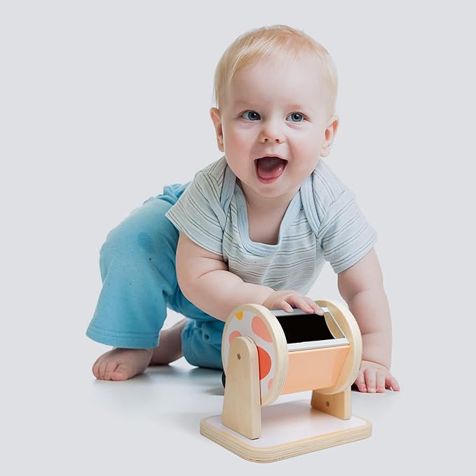 Montessori Spinning Drum, Montessori Toys for Babies 6-12 Months, Montisory Baby Toys for 1 Year Old Infant, Wooden Toy for Baby