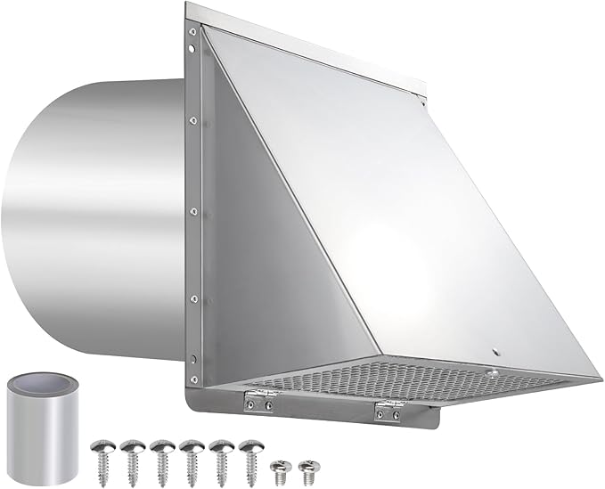 8 Inch Wall Vent,Hooded Wall Vent with Screen and Damper,Outdoor Wall Exhaust Vent Cover Exterior Wall Mount Cap for Kitchen Range Hood HVAC Duct Dryer Air Ventilation,Stainless Steel