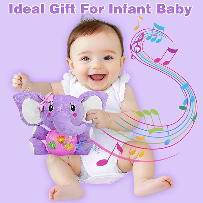 Aitbay Plush Elephant Music Baby Toys 0 3 6 9 12 Months, Cute Stuffed Aminal Light Up Baby Toys Newborn Baby Musical Toys for Infant Babies Boys & Girls Toddlers 0 to 36 Months (Purple)