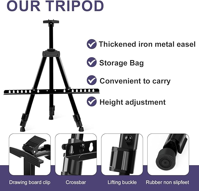 AROIC 4 Pack Painting Display Easel Stand Portable Adjustable Metal Tripod Artist Canvases Height from20to66Inch Extra Sturdy forTable-Top/Floor Painting, Drawingand Displaying,Black with4Storage Bag