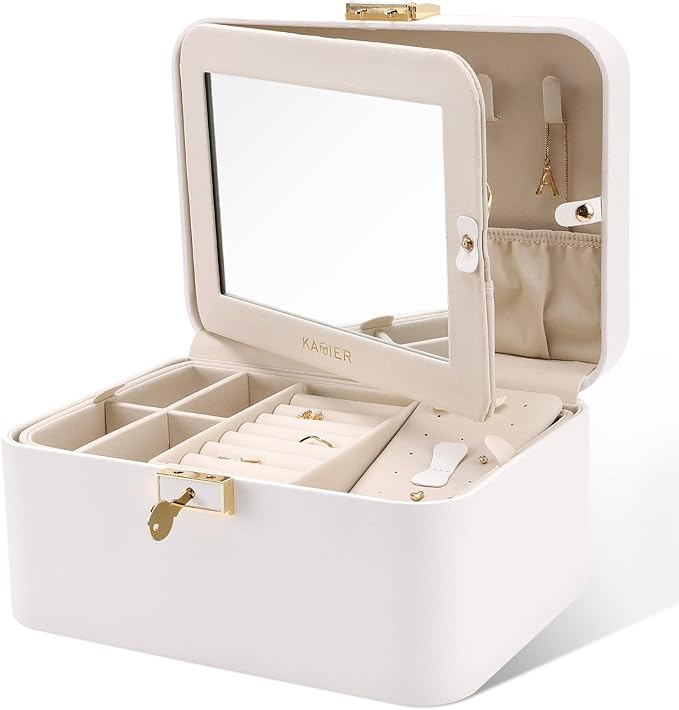KAMIER Travel Jewelry Box, 2 Layers PU Leather Portable Jewelry Organizer, Large Capacity, Double Lock and Large Mirror, Hidden Necklace Hooks, Removable Dividers, Gift Box Packaging, White