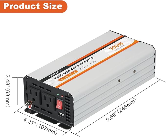 500W Power Inverter, DC 12V to 120V AC Converter for Vehicles Car, Pure Sine Wave Adapter with USB Port and 2 AC Outlets Car Charger for Laptop Smartphone Small Power Tool