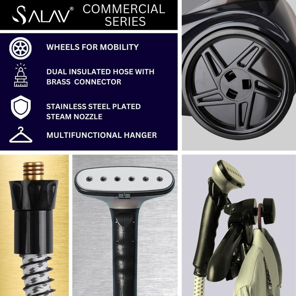SALAV Commercial-Grade Standing Garment Steamer for Clothes with Auto-Off Safety 1800W Powerful Steam X-Large 3L Water Tank, 90-Min Continuous Use, Pedal-Control System, Beeps when Out of Water, Navy