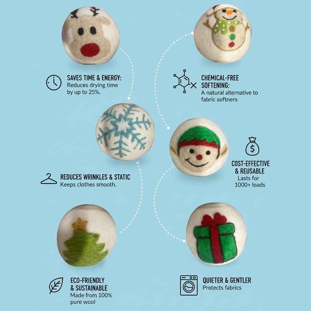 Ezhippie Quality Wool Dryer Balls - 6 XL Festival Pack - 1000+ Loads - Pure Organic Wool - Reusable Natural Fabric Softener Perfect with Essential Oils, Reduce Clothing Static and Wrinkles