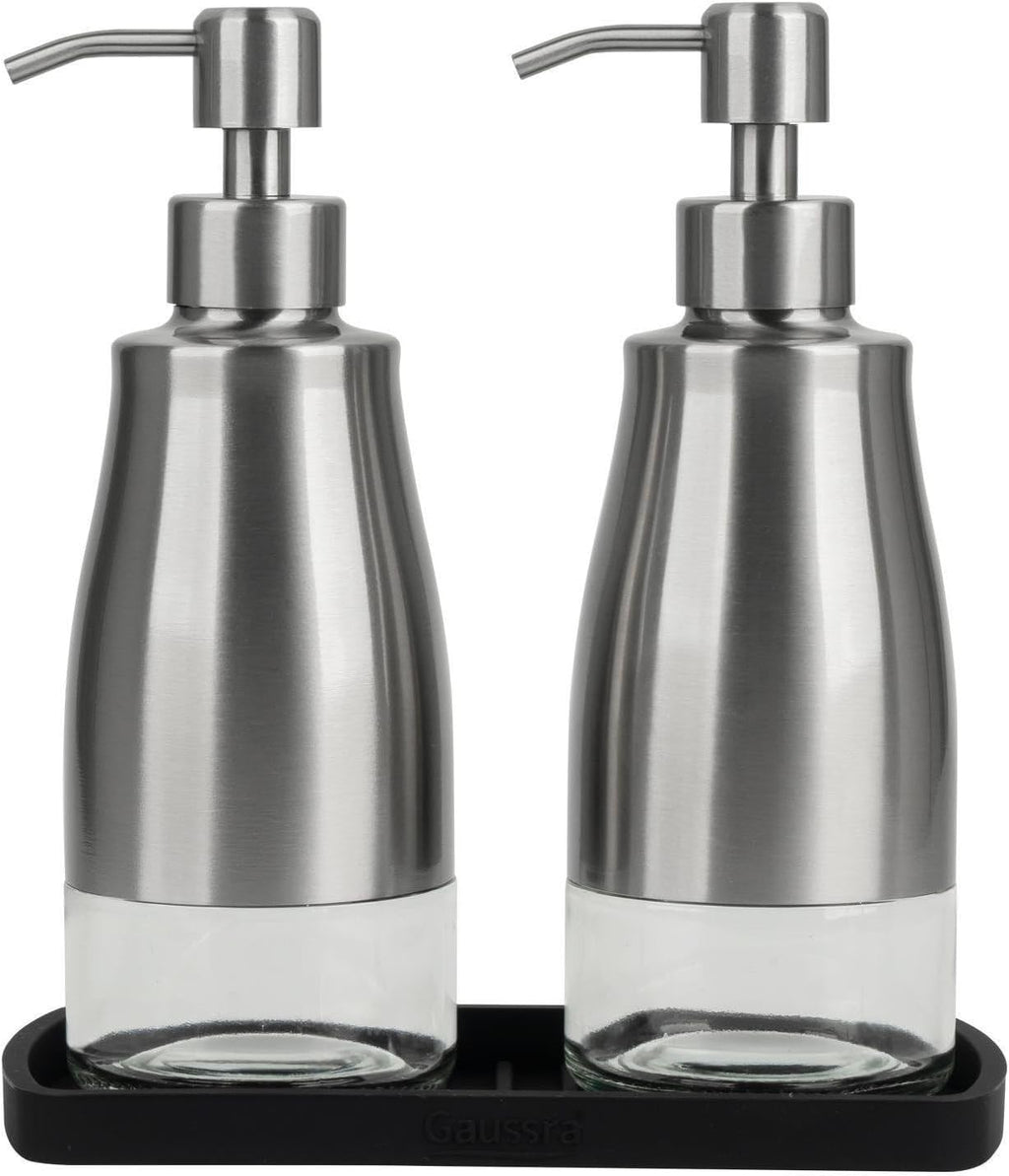 Gaussra Kitchen Soap Dispenser Set with Silicone Tray and Stickers - Brushed Nickel, Stainless Steel Glass Soap Dispenser Bathroom, Refillable Hand Dish Soap Dispenser for Kitchen Sink