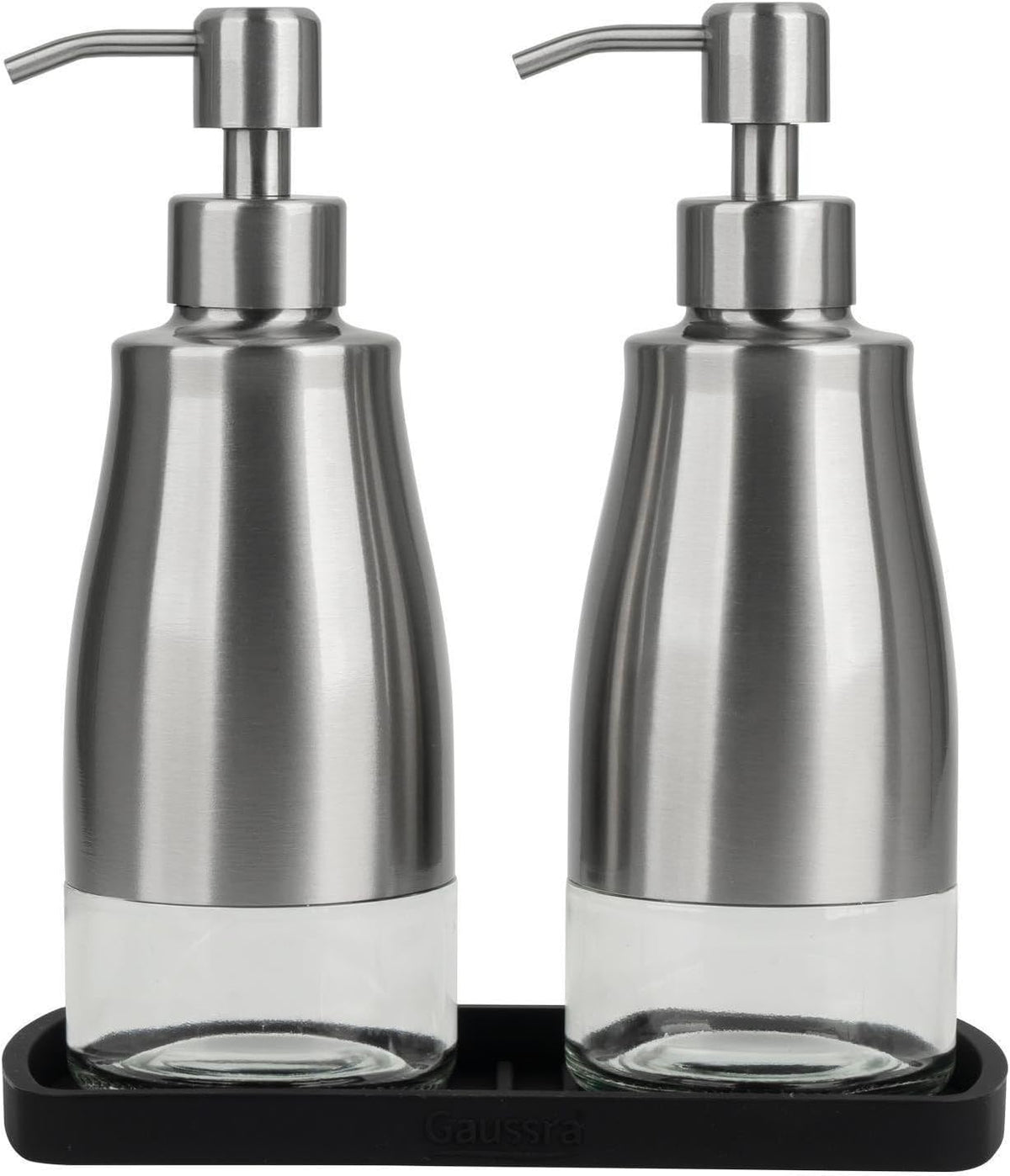 Gaussra Kitchen Soap Dispenser Set with Silicone Tray and Stickers - Brushed Nickel, Stainless Steel Glass Soap Dispenser Bathroom, Refillable Hand Dish Soap Dispenser for Kitchen Sink