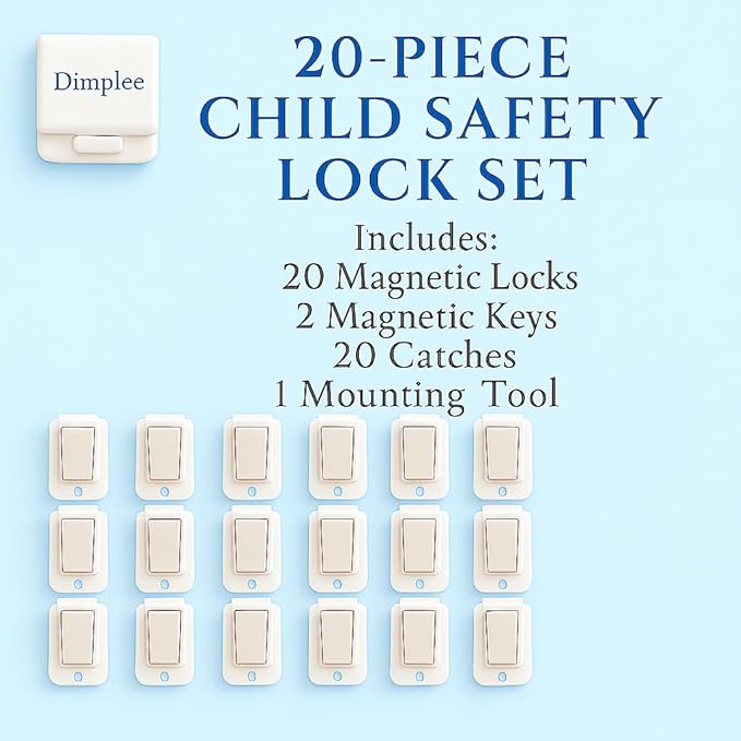 Magnetic Cabinet and Drawer Lock – 20-Piece Child Safety Lock Set + 2 Keys – Easy Installation No Drilling Required – Invisible and Aesthetic Design