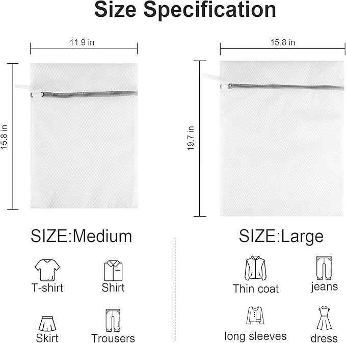 Honeycomb Lingerie Bags with Hanging Loop- 2Pack MDSXO Mesh Laundry Bags for Washing Delicates, White Wash Bags for Lingerie, Baby Clothes [1Medium+ 1Large]
