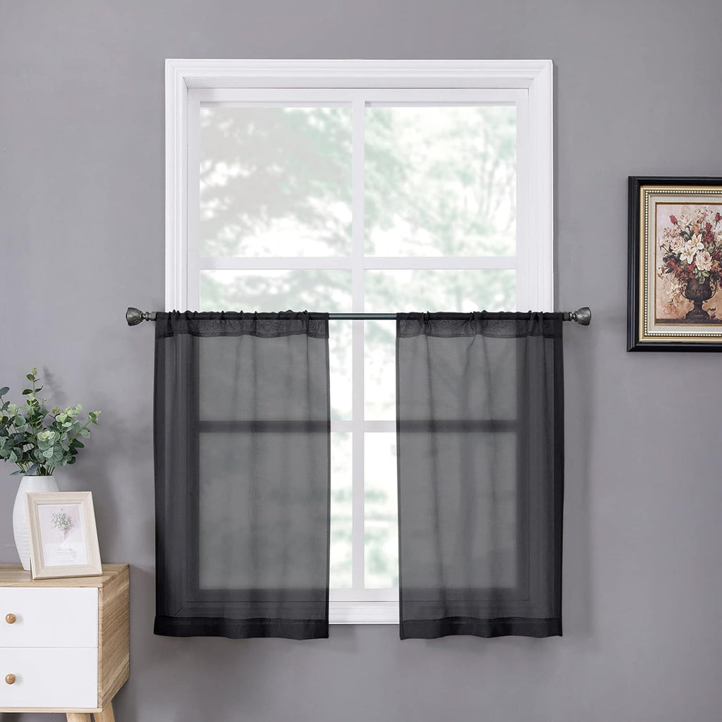 Tollpiz Short Sheer Tier Curtains Linen Textured Half Kitchen Curtain Sheers Light Filtering Rod Pocket Voile Small Curtain for Bathroom, 25 x 24 inches Long, Black, Set of 2 Panels