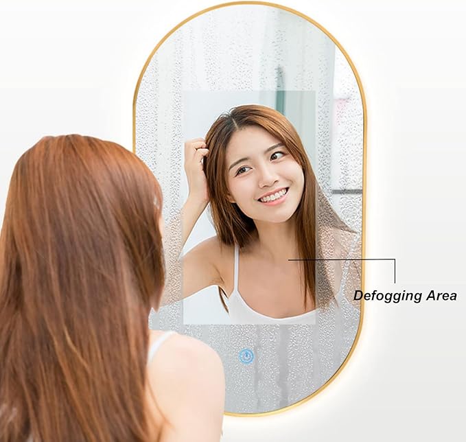 Oval LED Illuminated Bathroom Mirror, Wall-mounted Vanity Makeup Mirror with Demister Pad, 3 Dimmable Color Temperatures & Touch Control, Metal Frame Anti-Fog Lighted Wall Mirror ( Color : Rose Gold F