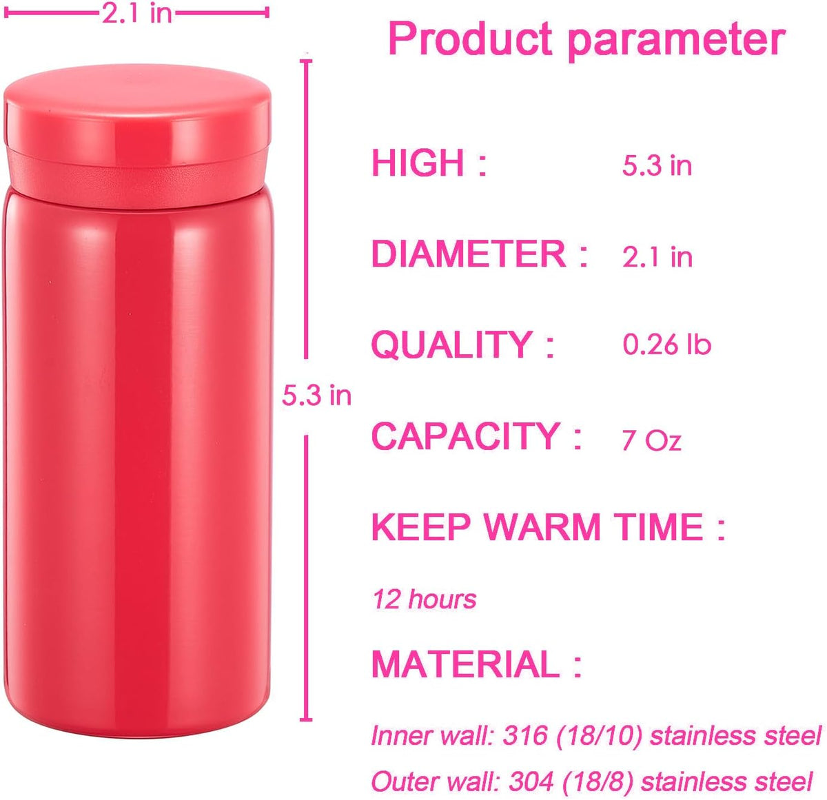 Mini Thermos Cute Water Bottle - 7 oz Tiny Insulated Vacuum 18/10 Stainless Steel Small Flask - Leak Proof & Spill Proof & Keeps Cold and Hot for Drink, Coffee, Tea - Rose Red