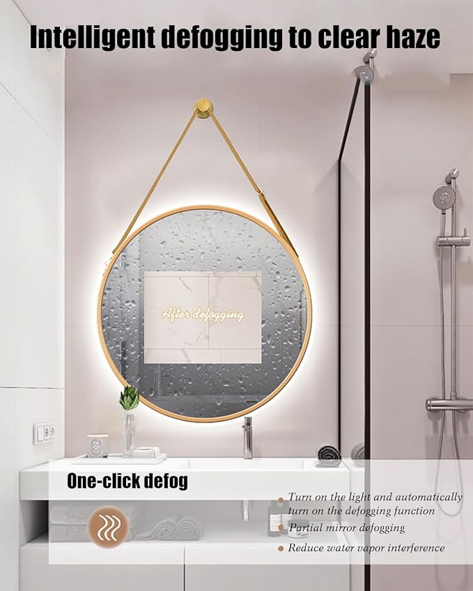 JSLJDM 500X500 mm Illuminated Backlit LED Bathroom Mirror, Wall Mounted Multifunction Bathroom Vanity Mirror with Lights and Demister Pad, Energy-Saving Illuminated Smart Mirror 50cm/19.8in Gold
