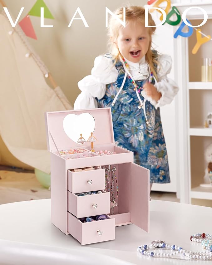 Vlando Musical Jewelry Box for Girls, Large Kid Music Box with Ballerina for Birthday Bedroom Decor, 4 Layer Girl Jewelry Gifts for Girls Kids - Light Pink