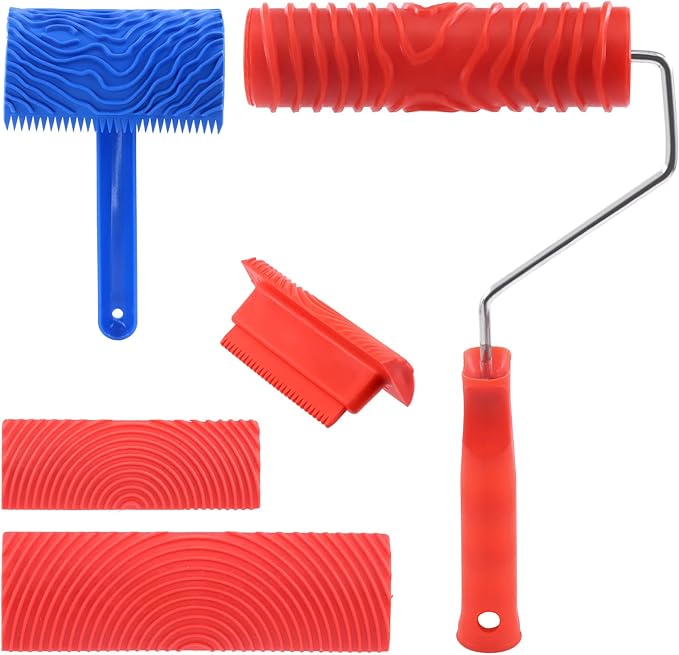 Tanstic 4Pcs Wood Graining Painting Tool Set, Red Blue Rubber Wood Grain Tool and Rubber Empaistic Wood Texture Pattern Roller with Handle for Wall Floor Furniture DIY Room Decoration