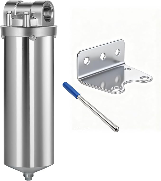 Amwater NSF/ANSI 42 Certification Stainless Steel Filter Housing for 10" Filter Cartridge, 1" NPT Water Filter Housing, Drain Valve Style C (Square Head)