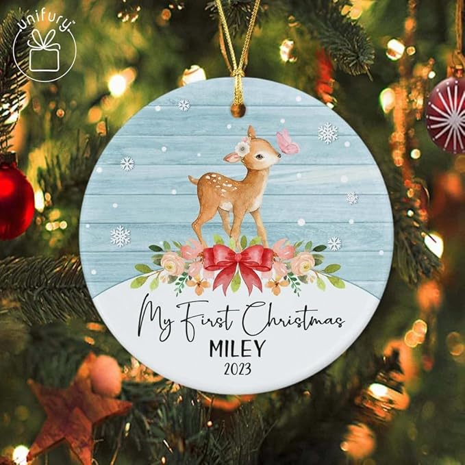 Unifury Personalized Baby First Christmas Ornament 2024, Adorable Keepsake for Babies First Christmas Tree, Holiday Decor for Celebrating Ceramic Babys 1st Christmas Ornament 2024, Animal Baby