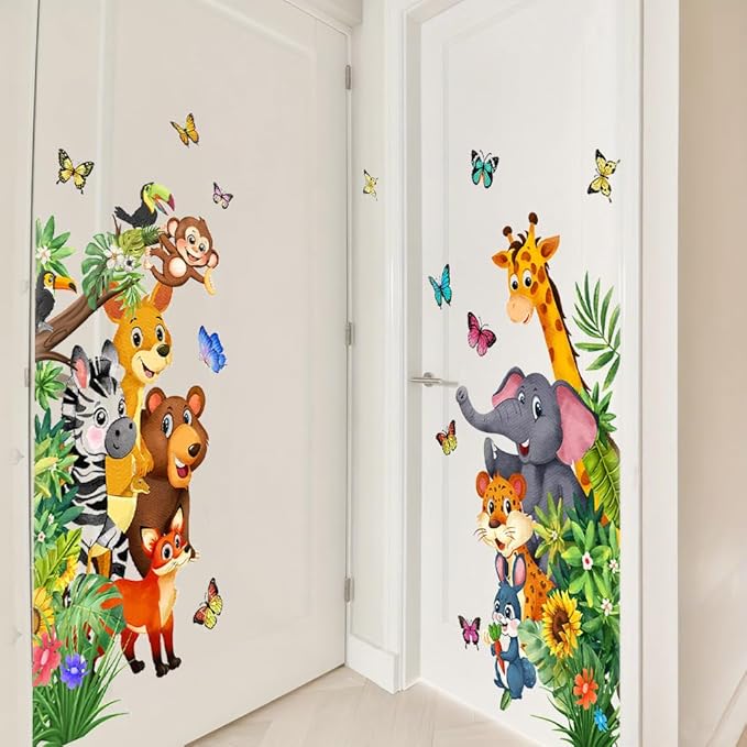 Jungle Animal Wall Decals, Cartoon Animal Sticker Safari Elephant Lion Monkey Wall Decals for Baby Room Playroom Bedroom Classroom Kindergarten Decor