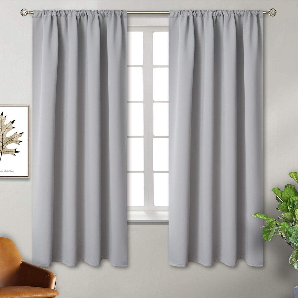 BGment Rod Pocket Room Darkening Curtains 63 Inches Long for Bedroom - Thermal Insulated Blackout Curtains for Living Room, 42 x 63 Inch, 2 Panels, Light Grey