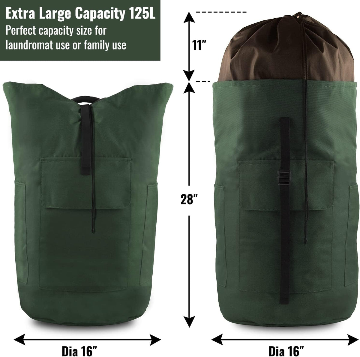 Laundry Bag Backpack, 125L Extra Large Travel Laundry Bags with Shoulder Straps, Adjustable & Extendable Design, Laundry Hamper Bag with 3 Pockets for Laundromat, College, Travel