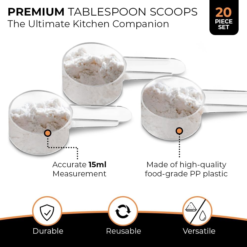 20 Pack Tablespoon Measuring Spoon Set with Short Handle Coffee Scoop - 1 Tablespoon (15 ML) Clear Plastic Scoops for Coffee, Loose Tea, Protein, Spices, Powders, and Other Dry Goods