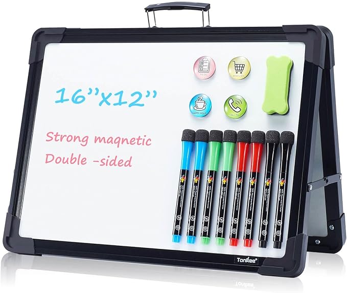 Small Dry Erase White Board – TANKEE Magnetic Desktop Foldable Whiteboard Portable Mini Easel Double Sided on Table Top with Holder for Drawing, Teacher Instruction, Memo Board