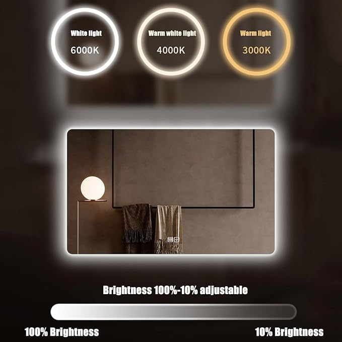 Illuminated 3 Colour LED Bathroom Mirror, Bathroom Light Mirror with Demister Pad, Dimming Function, Touch Switch, Wall Mounted Vanity Mirror, Decorative Mirror(A1,27.5"x35.4"/70x90cm)