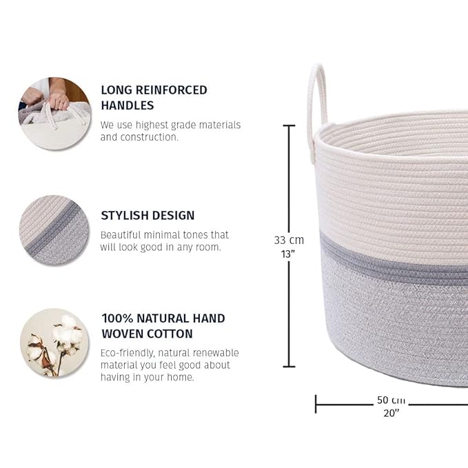 OrganiHaus Extra Large Blanket Basket for Living Room 20x13, Natural Cotton Rope Laundry Basket, Sturdy Hamper for Toy Storage, Cushions & Pillows Storage Bin, Nursery Decor Hamper - White/Gray