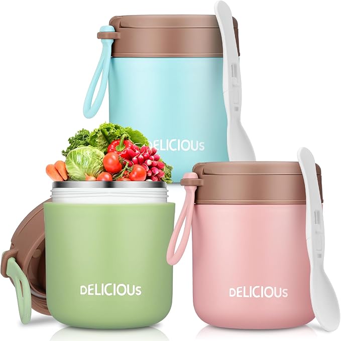 3 Pcs Insulated Food Container for Kids 15.2 oz Portable Stainless Steel Vacuum Insulated Kids Food Jar Leakproof Wide Mouth Soup Containers with Lids and Folding Spoon for Adults Kids
