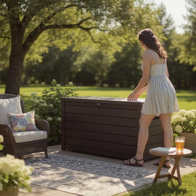 230 Gallon Deck Storage Box Outdoor Patio Container – Weather-Resistant, Lockable Outdoor Storage Solution for Patio, Garden, and Poolside (Brown)