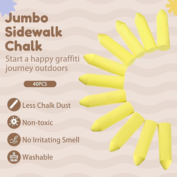 Fulmoon 40 Pcs Jumbo Sidewalk Chalk for Kids Outdoor Art Non Toxic Large Washable Street Chalk for Adults Drawing Painting Classroom(Yellow,Sharp Style)